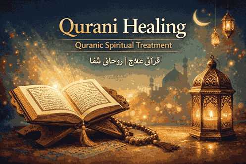 "Qurani Healing: Quranic Spiritual Treatment with open Quran, prayer beads, and lantern representing Islamic spiritual healing and guidance."