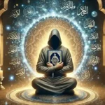 "A serene, spiritual illustration of a person holding a Quran with glowing Ayat-ul-Kursi text, surrounded by a soft protective aura repelling subtle negative energy, in soft blues, gold, and white light."