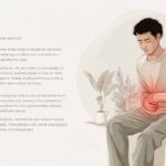 Person holding stomach in pain, showing shaded area of discomfort, stomach pain illustration