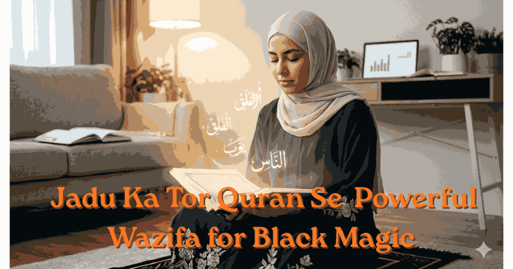 Muslim woman reciting Quran for Jadu Ka Tor with glowing Arabic text of Surah Al-Falaq and An-Naas