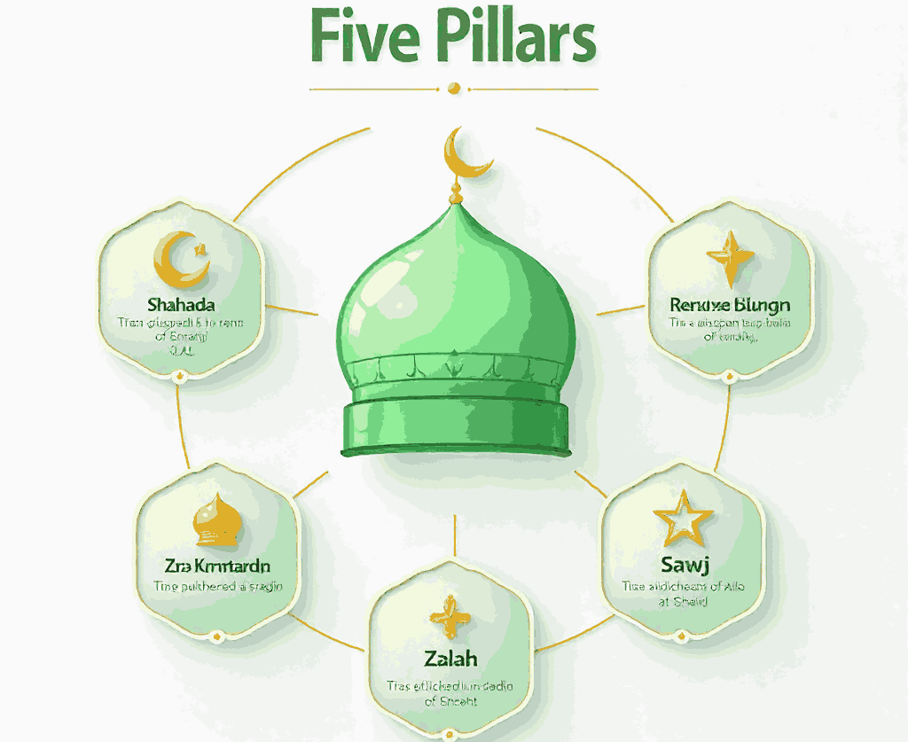 The Five Pillars of Islam The Five Pillars of Islam illustrated with symbols of Shahada, Salah, Zakat, Sawm, and Hajj
