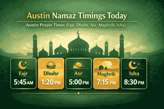 Austin Namaz Timings Today infographic showing Fajr, Dhuhr, Asr, Maghrib, and Isha prayer times with mosque silhouette and Islamic geometric patterns.