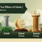Alt Text: Illustration showing the Five Pillars of Islam — Shahada, Salah, Zakat, Sawm, and Hajj with Arabic calligraphy and educational layout.