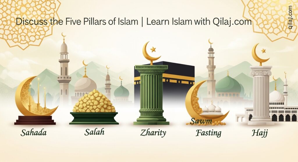 Illustration of the Five Pillars of Islam — Shahada, Salah, Zakat, Sawm, and Hajj — with Arabic calligraphy and educational layout | Quran Se Ilaj