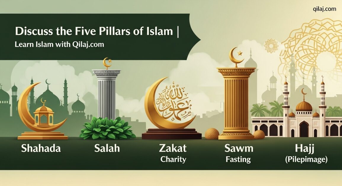 Illustration showing the Five Pillars of Islam — Shahada, Salah, Zakat, Sawm, and Hajj with Arabic calligraphy and educational layout.