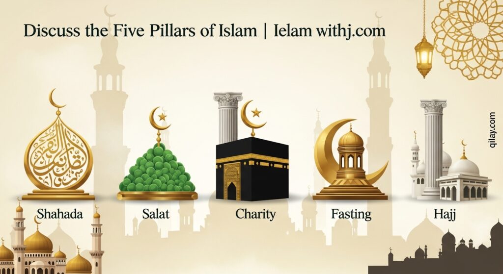 Educational graphic of Islamic faith pillars: Five Pillars of Islam including Shahada, Salah, Zakat, Sawm, Hajj | Quran Se Ilaj