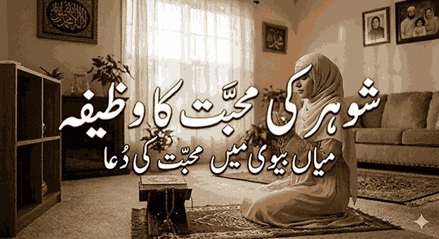 A Muslim woman wearing a hijab sitting on a prayer mat (Janamaz) with her hands raised in Dua, featuring a Holy Quran on a wooden Rehal in a peaceful home setting.