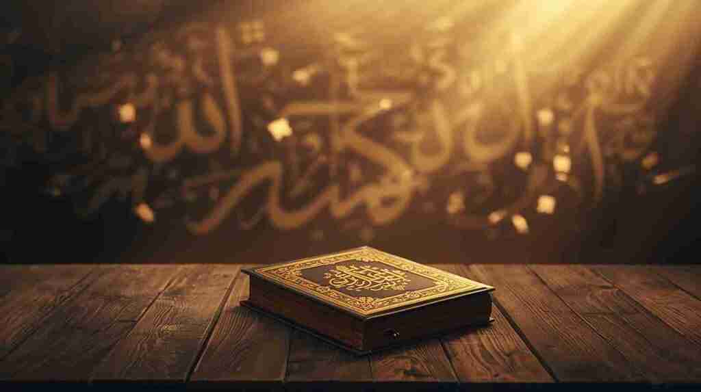 House of Quran Islamic Banner – Holy Quran on a wooden table with soft golden lighting, Arabic calligraphy in background, modern minimal style, glowing Quran, professional blog thumbnail