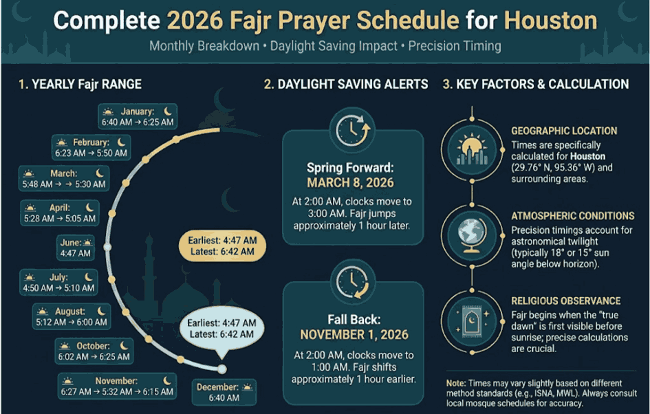 ouston Fajr Time and Daily Prayer Schedule 2026 Monthly Timetable Infographic.