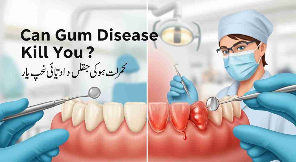 Gum disease symptoms showing healthy gums vs swollen bleeding gums – مسوڑھوں کی بیماری کے علامات