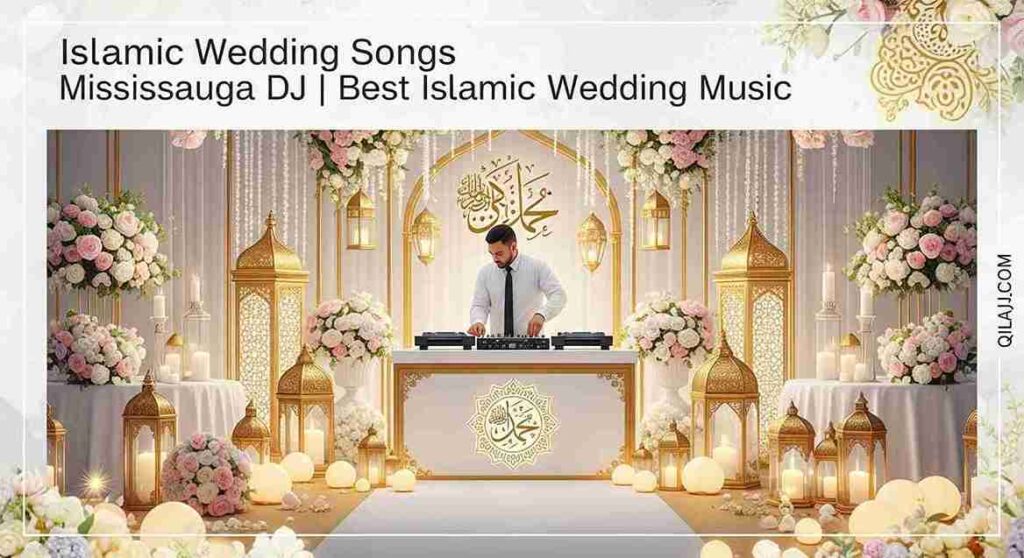 Professional DJ arranging music and lights for a luxurious Islamic wedding in Mississauga, creating a joyful atmosphere for guests.