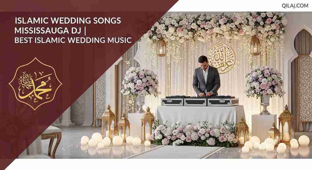 Elegant Islamic wedding DJ setup in Mississauga with lanterns, floral decorations, and celebratory lighting for Nikkah and Walima.