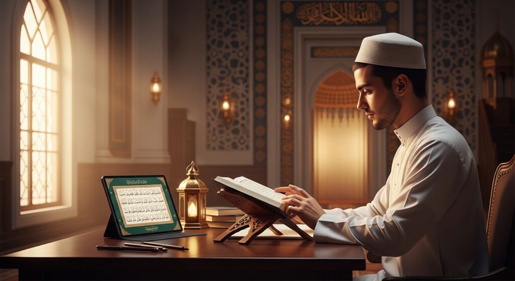 Muslim student memorizing Quran (Hifz) online with House of Quran, focusing on recitation and Tajweed improvement