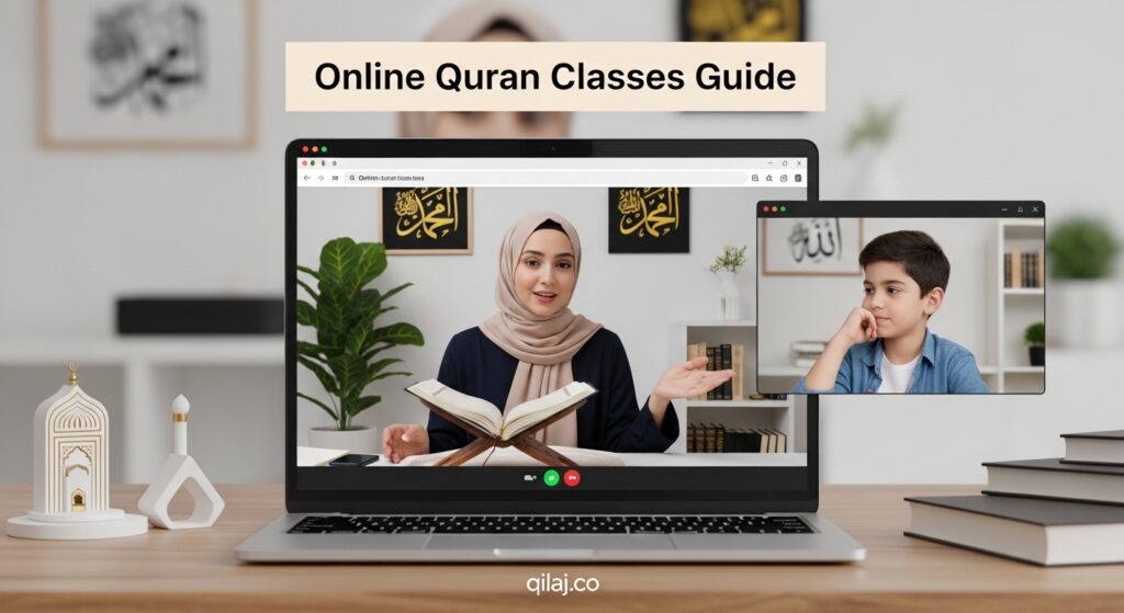 Online Quran class with teacher explaining Tajweed and recitation to student via video call, House of Quran platform