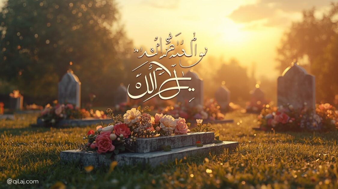 Realistic Islamic graveyard image for Dua for Deceased post on qilaj.com, sunset, flowers, Arabic calligraphy, spiritual atmosphere
