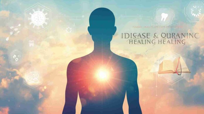 Disease and Quranic healing concept illustration showing human silhouette, disease symbols and Quran for blog post