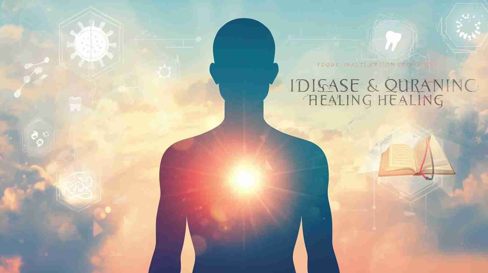 Disease and Quranic healing concept illustration showing human silhouette, disease symbols and Quran for blog post