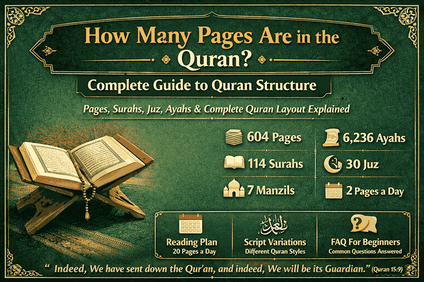 How Many Pages Are in the Quran? Complete Guide to Quran Structure How many pages are in the Quran – complete guide showing Quran pages, Surahs, Juz and Ayahs