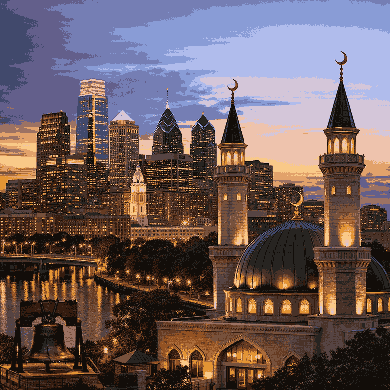 Islamic Prayer Times in Philadelphia 2026 – Complete Daily Salah Timetable Philadelphia skyline at sunset with a mosque in the foreground showing green dome and minarets, reflecting Islamic Prayer Times theme