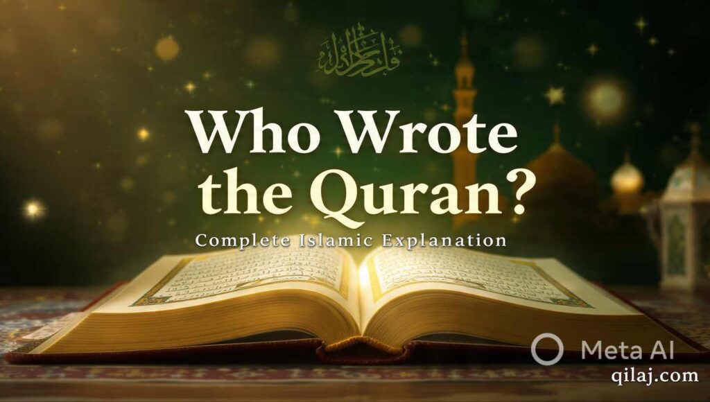 Who Wrote the Quran – Islamic explanation with Quran book and mosque background
