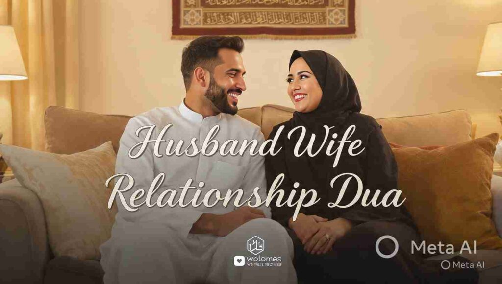 Muslim couple happily sitting together with love and harmony, showing relationship peace with Islamic atmosphere