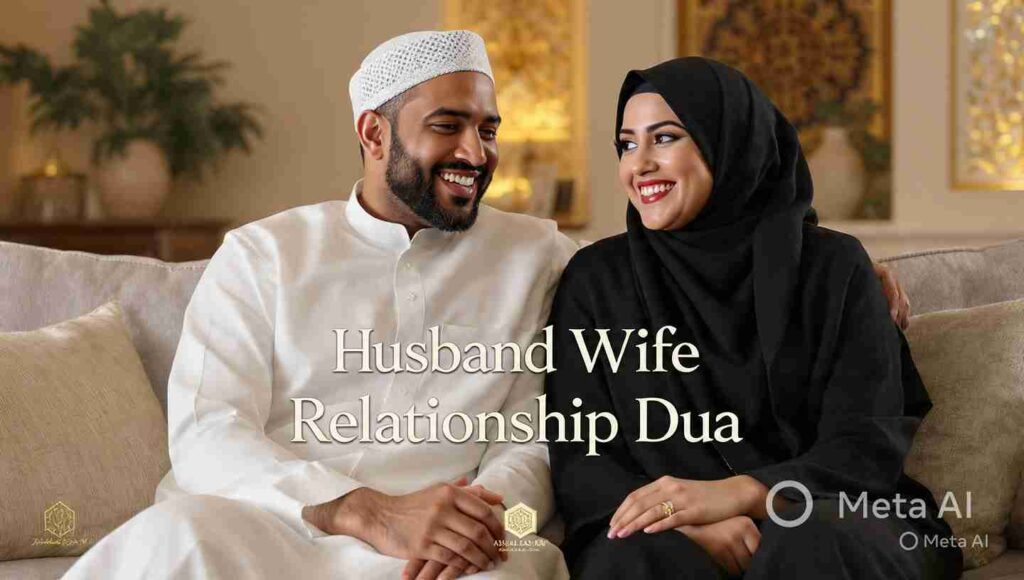 Happy Muslim husband and wife sitting together smiling and making dua in a peaceful Islamic home setting