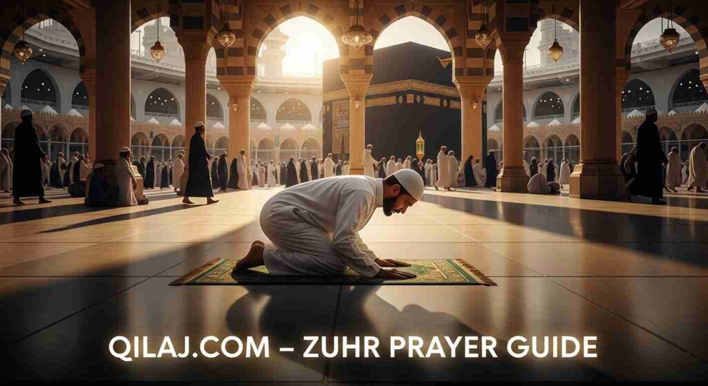 Muslim man performing Zuhr prayer in Mecca with proper Salah posture – qilaj.com
