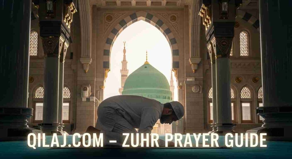 Muslim man performing Zuhr prayer in Medina with correct Salah posture – qilaj.com
