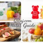 2x2 grid collage showing Halal food guide for Muslims in USA. Top left: E621 MSG packet with fresh vegetables corn and beetroot indicating plant-based source. Top right: split comparison of gummy bears - left side with red "Pork Gelatin" warning for Haram, right side with green "Halal Certified" badge for Halal gummies. Bottom left: Spanish sobrassada sausage comparison - left with red cross and "Pork" label for Haram, right with green check and "Halal Beef" label. Bottom right: fresh fruit basket with apples oranges grapes and a wooden sign "100% Halal - Wash before eating". Bottom center has Qilaj.com Halal Guide text. Bright professional food photography style.