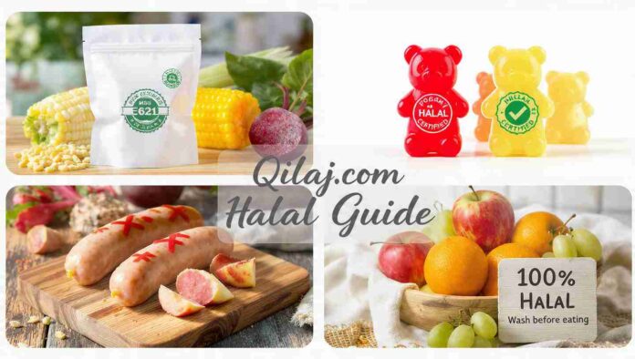 Qilaj-Halal-Food-Guide-USA-E621-Gummies-Sobrassada-Fruits-Collage 2x2 grid collage showing Halal food guide for Muslims in USA. Top left: E621 MSG packet with fresh vegetables corn and beetroot indicating plant-based source. Top right: split comparison of gummy bears - left side with red "Pork Gelatin" warning for Haram, right side with green "Halal Certified" badge for Halal gummies. Bottom left: Spanish sobrassada sausage comparison - left with red cross and "Pork" label for Haram, right with green check and "Halal Beef" label. Bottom right: fresh fruit basket with apples oranges grapes and a wooden sign "100% Halal - Wash before eating". Bottom center has Qilaj.com Halal Guide text. Bright professional food photography style.
