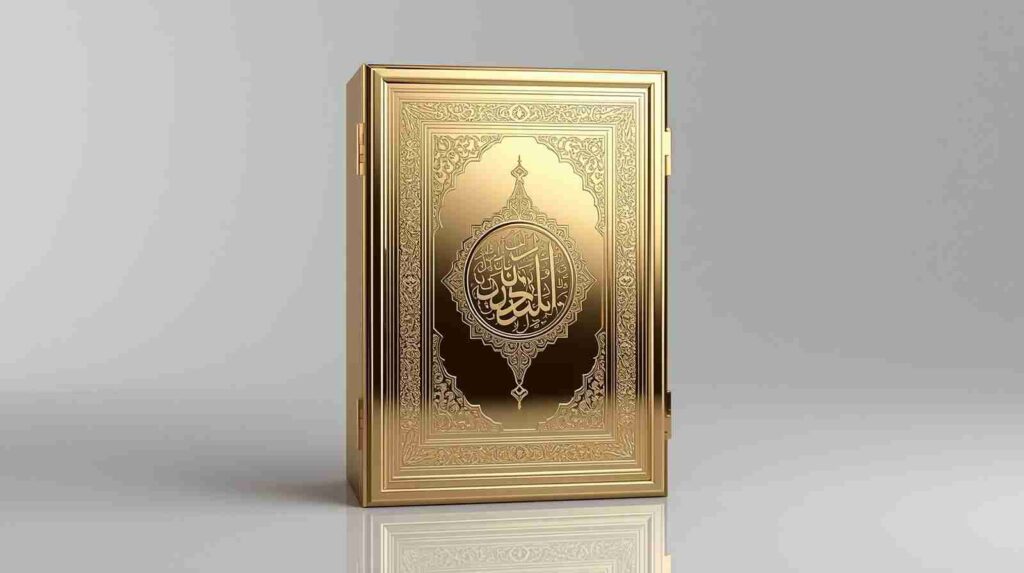 Luxury Metal Quran Box Top View on Table Elegant Islamic Decor