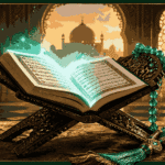 An illuminated Holy Quran on a wooden stand with prayer beads, representing Surah Wazifa for Success and Rizq.