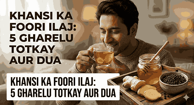 A man in a beige sweater is drinking a cup of warm herbal tea with ginger slices. On a wooden tray in the foreground are fresh sliced ginger, a jar of honey with a wooden dipper, and a bowl of black pepper. The image includes text in Roman Urdu and instructions in English for cough remedies and Dua.