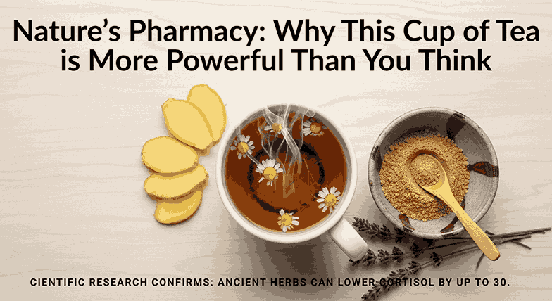 Woman drinking herbal tea for natural anxiety relief at home with chamomile and ashwagandha.