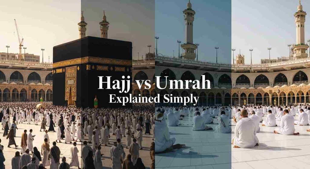 Hajj vs Umrah comparison showing Kaaba in Makkah with pilgrims performing Hajj and Umrah in an Islamic magazine style cover image