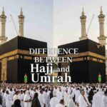 Islamic comparison of Hajj and Umrah showing Kaaba in Makkah with pilgrims performing Tawaf in a realistic news magazine style cover image