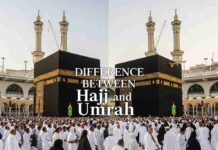 Difference Between Hajj and Umrah – Complete Islamic Guide 2026 Islamic comparison of Hajj and Umrah showing Kaaba in Makkah with pilgrims performing Tawaf in a realistic news magazine style cover image