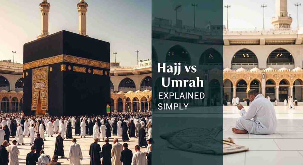 Hajj and Umrah comparison in Islam showing Kaaba with pilgrims performing Tawaf in a realistic magazine style Islamic cover image