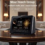 Masjidal 10-inch Smart WiFi Digital Azan Clock displaying Islamic prayer times, Athan alarm, and full Quran recitation on touchscreen in a modern Muslim home