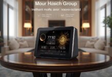 Masjidal 10″ Digital Azan Clock – Modern Islamic Clock with Athan, Quran & Touchscreen Masjidal 10-inch Smart WiFi Digital Azan Clock displaying Islamic prayer times, Athan alarm, and full Quran recitation on touchscreen in a modern Muslim home