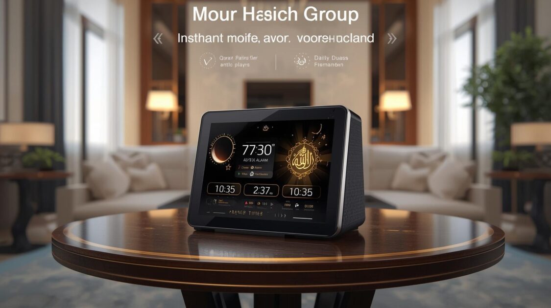Masjidal 10-inch Smart WiFi Digital Azan Clock displaying Islamic prayer times, Athan alarm, and full Quran recitation on touchscreen in a modern Muslim home