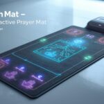 My Salah Mat smart interactive prayer rug for adults and kids, showing all digital features including glowing touch keys, speaker, and padded layer