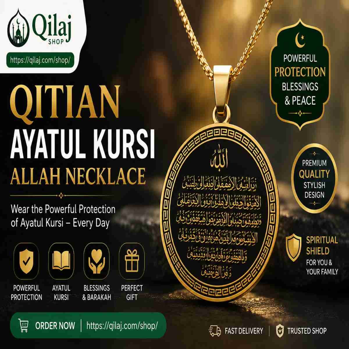 Qitian Ayatul Kursi Allah Necklace premium Islamic pendant with Ayatul Kursi Arabic engraving available at Qilaj Shop.