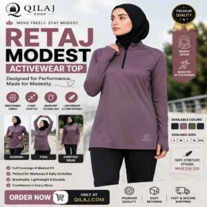 Retaj Modest Activewear Top designed for modest fitness, running, yoga, and everyday active lifestyle with breathable fabric.