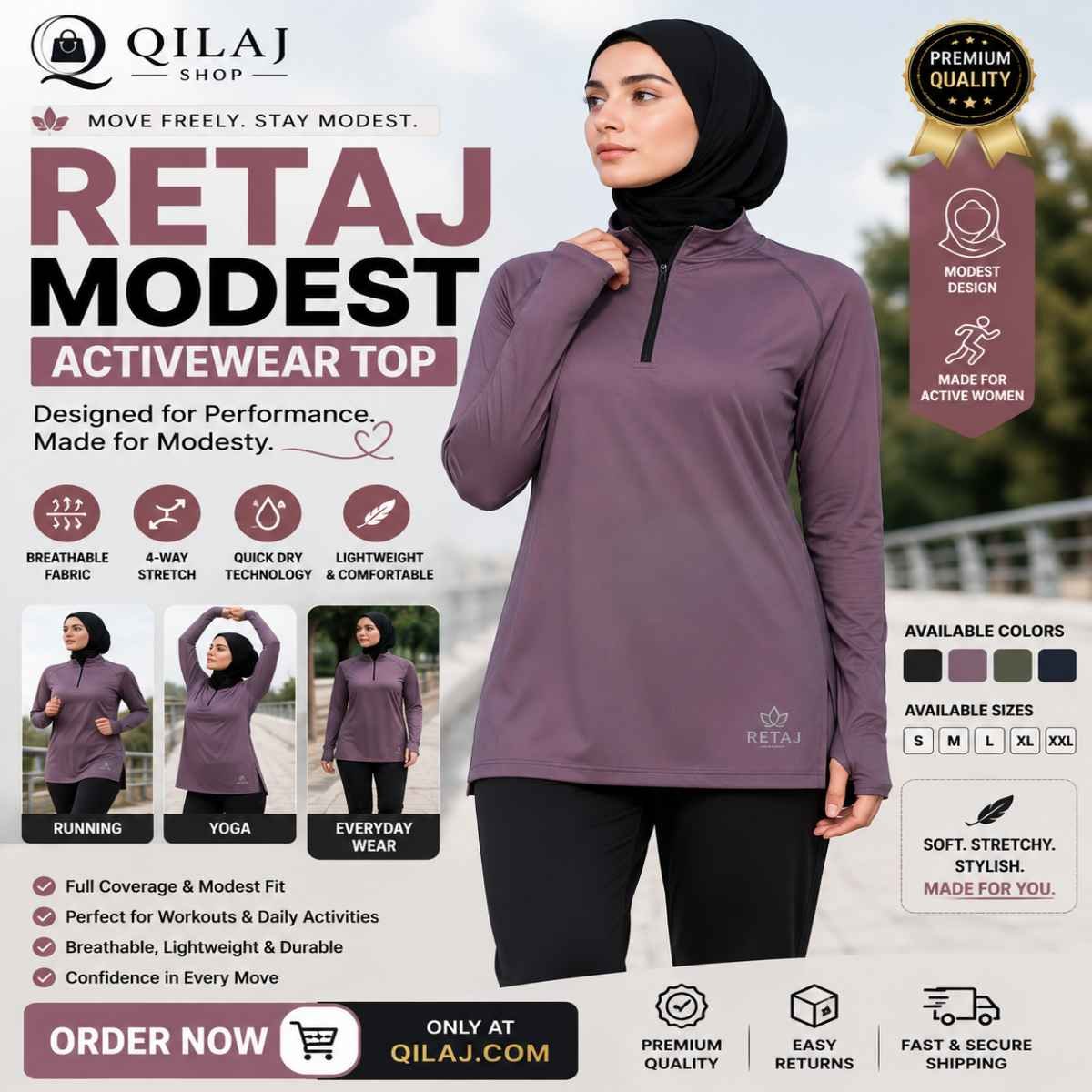 Retaj Modest Activewear Top designed for modest fitness, running, yoga, and everyday active lifestyle with breathable fabric.