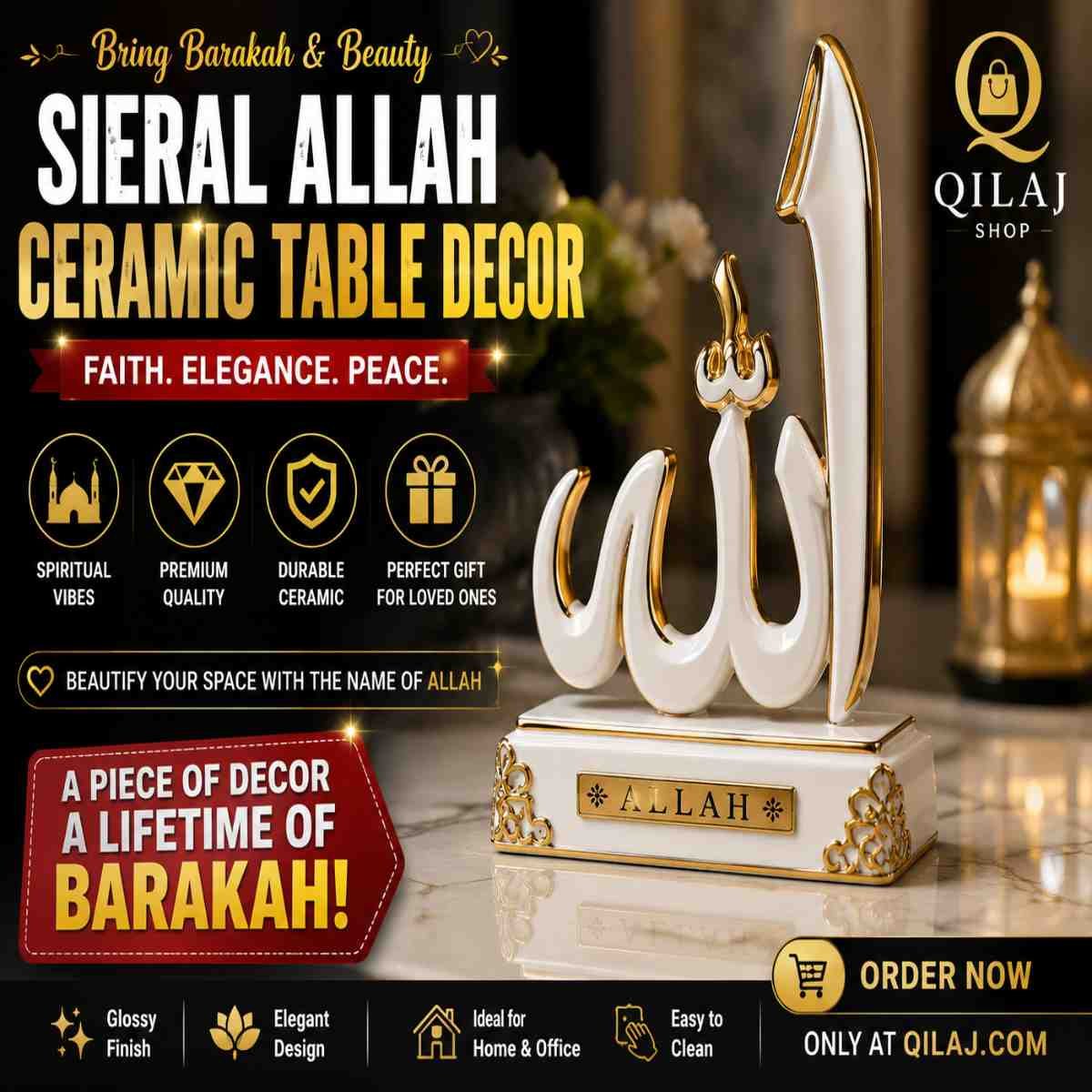 Elegant Sieral Allah Ceramic Table Decor with glossy white and gold finish for Islamic home decoration by QILAJ Shop.