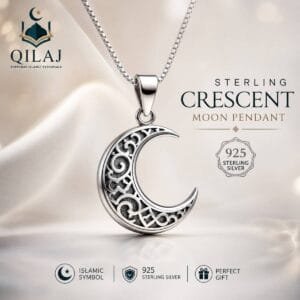 Sterling Crescent Moon Pendant made from 925 sterling silver necklace with elegant crescent design, premium Islamic jewelry by QILAJ Shop.