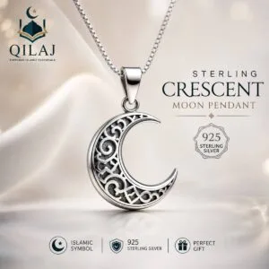 Sterling Crescent Moon Pendant made from 925 sterling silver necklace with elegant crescent design, premium Islamic jewelry by QILAJ Shop.