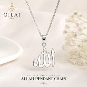 Sterling silver Allah pendant chain featuring elegant Arabic calligraphy, perfect for everyday wear and Islamic gifting.