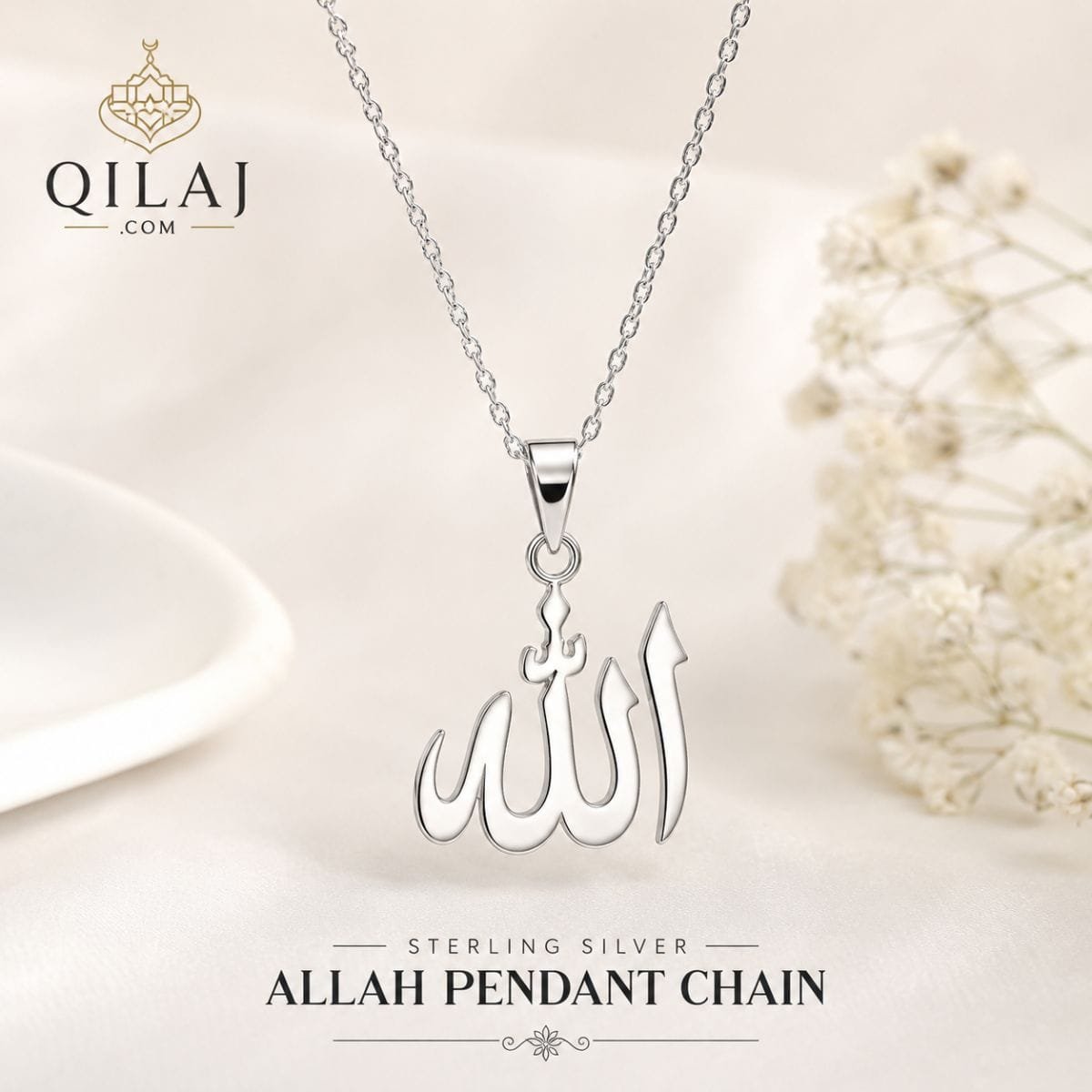 Sterling silver Allah pendant chain featuring elegant Arabic calligraphy, perfect for everyday wear and Islamic gifting.